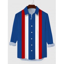 Vintage Blue & Red & White Stitching Printing Men's Long Sleeve Shirt