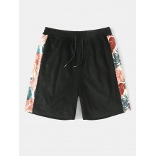Men Tropical Plant Side Print Patchwork Corduroy Casual Drawstring Shorts