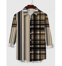 Plaid Series Two-Tone Black-NavajoWhite Lattice Stitching Men's Long Sleeve Shirt