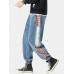 Mens Side Plaid Patchwork Letter Pritned Casual Drawstring Denim Jogger Pants