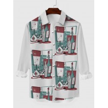 Comic Style Abstract Geometric Cup Pattern Printing Men's Long Sleeve Shirt