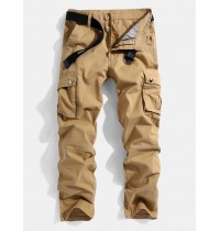 Mens Solid Color Multi Pocket Zipper Fly Mid Waist Casual Pants